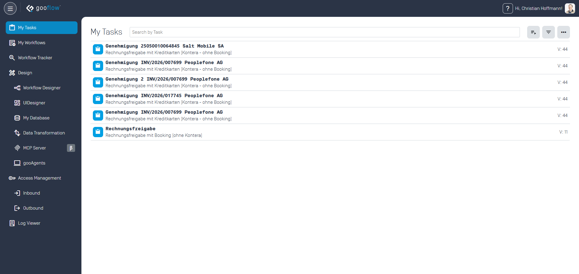 gooflow® My Tasks – Übersicht der offenen Workflow-Genehmigungen